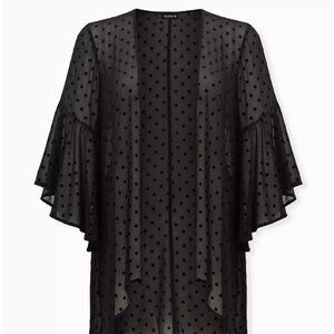 NWOT TORRID Mesh Chiffon Midi Kimono Flocked Polka Dots Size 0 Black Witchy